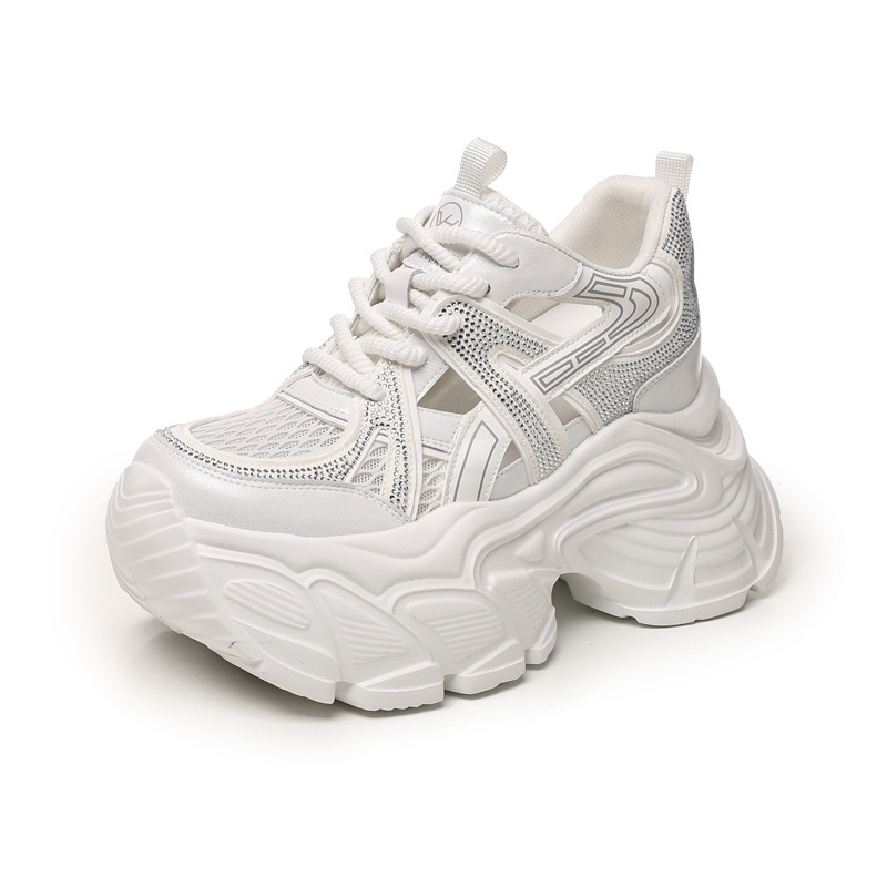 Giày sneaker nữ đế dày tăng chiều cao, mặt lưới đính đá lấp lánh — màu trắng