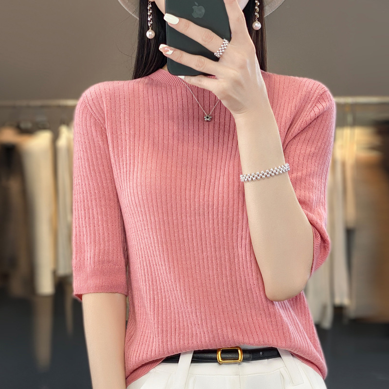 2024 Summer First-Line Readymade Worsted Wool Sweater Round Neck Solid Color Slim-Fit Slimming Sweater Half-Sleeve Top
