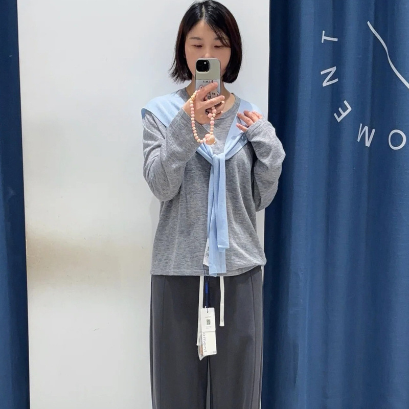 MM披肩圆领长袖针织衫两件套女 2025年秋季新款打底套衫毛衣上衣|undefined