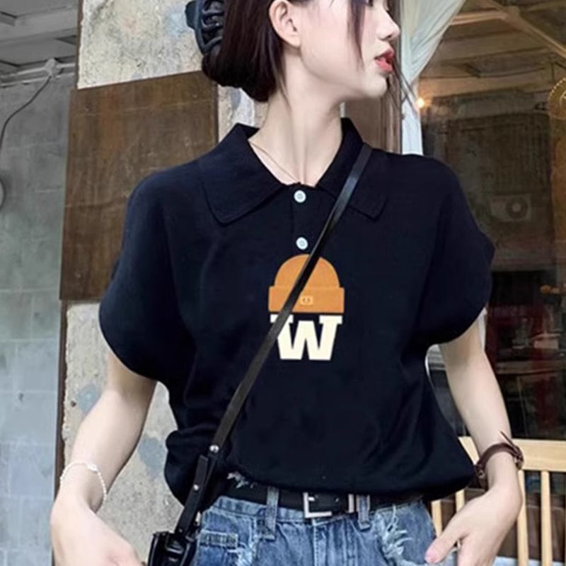 2026 New Black Pure Cotton Regular Shoulder Short-Sleeve T-Shirt for Women, Popular Summer Polo Shirt, Casual Printed Top