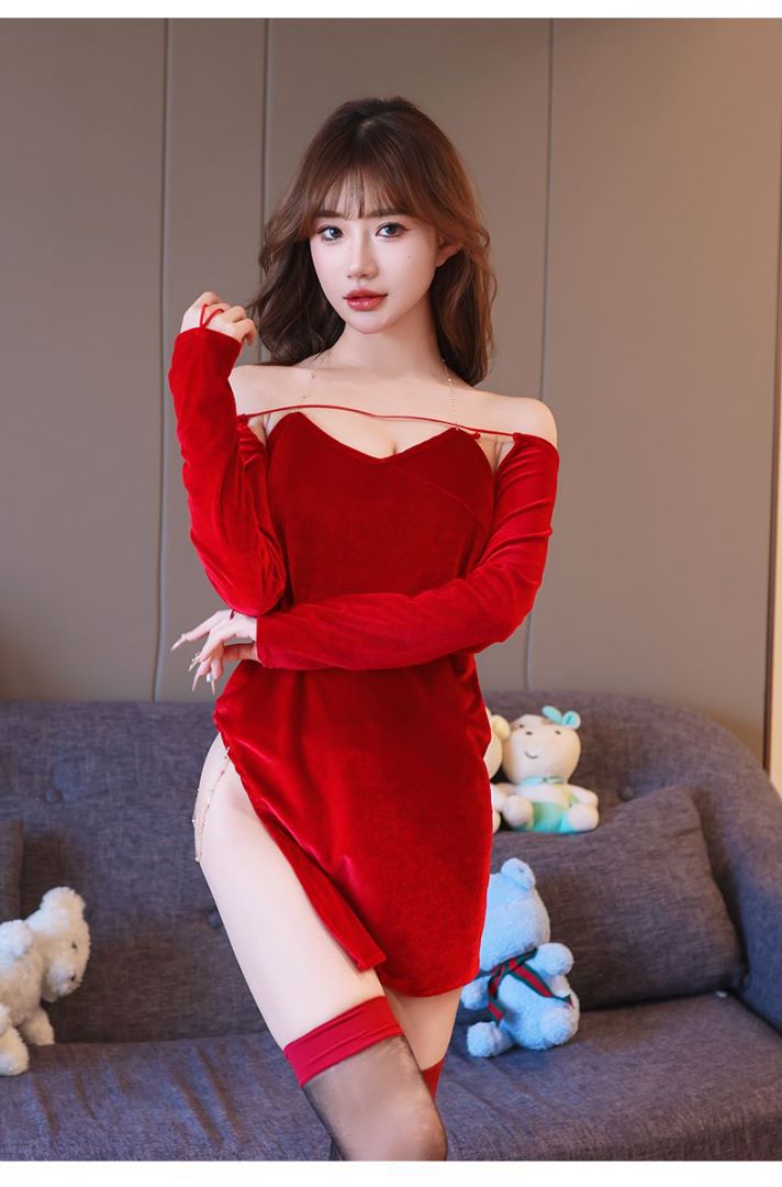 Velvet Cheongsam-Style Nightgown with Slit and Half Sleeves — detail image 7