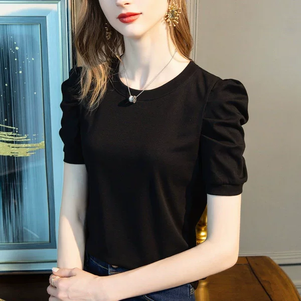 Pure Cotton Short-Sleeved 2026 Summer New Women's Round-Neck T-Shirt French Style Bubble-Style Top