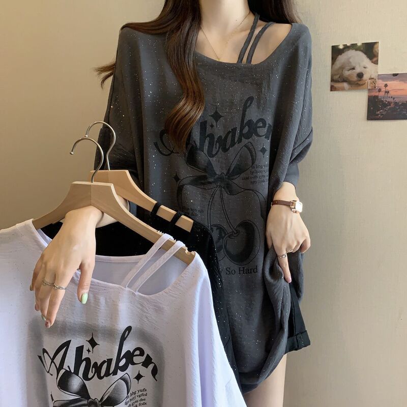 Plus Size Fat mm Covers Belly and Exposes Collarbone Short-Sleeved T-Shirt for Women Summer 2025 New Women's Loose Slimming Look Sequin Top Plus Size Fat mm Covers Belly and Exposes Collarbone Short-Sleeved T-Shirt for Women Summer 2025 New Women's Loose Slimming Look Sequin Top