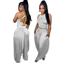 4450跨境2022欧美女装棉质褶皱吊带露背、哈伦裤套装 两件套 棉质