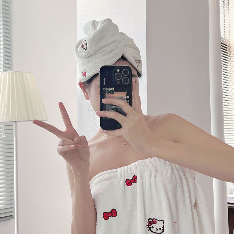 hellokitty浴巾女生珊瑚绒柔软吸水洗脸巾可爱kt猫学生毛巾干发帽|undefined