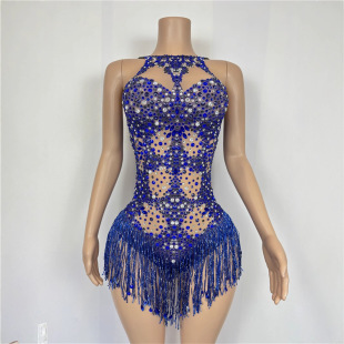 Blue Swift Concert Same Style Suspender Slim Fit Diamond-Encrusted Design Tight Tassel Mini Dress