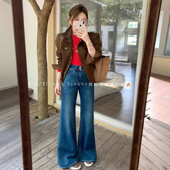 IEZ91969筒喇牛仔裤女2025年早秋新款韩版高腰双扣四面弹喇叭裤子
