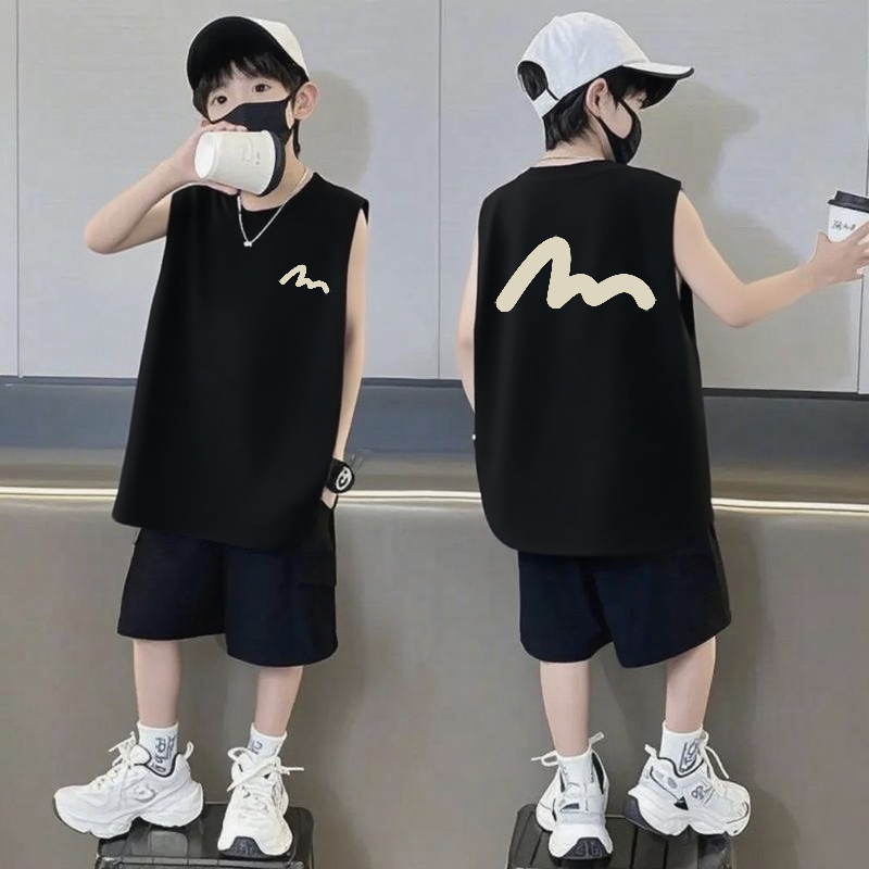 Pure Cotton Sleeveless Vest Shorts Boys Suit Loose Kidsren's Summer Waistcoat Medium and Large Kidsren's Casual Boy Two-Piece Set