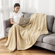北欧ins黄色小方格针织毛线毯子沙发午睡民宿装饰车用搭巾新款包