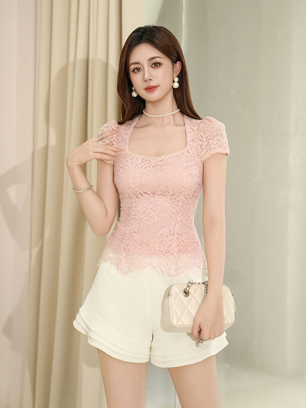 2025夏季新款女装甜美气质方领修身不规则蕾丝衫显瘦T恤上衣11650|undefined