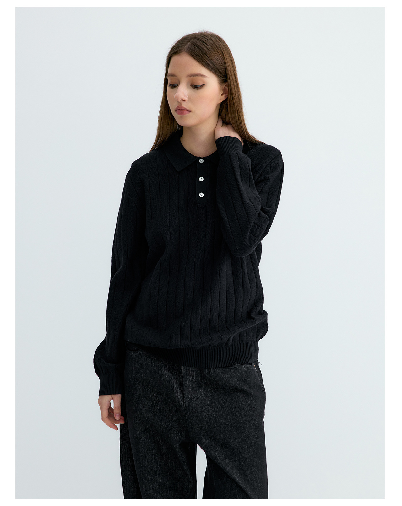 UNF 250g Ribbed Knit Polo Sweater