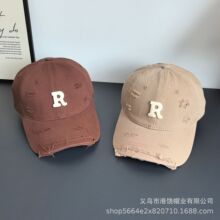咖啡色软顶鸭舌帽男士ins潮流破洞帽子女夏做旧小r网红棒球帽酒红