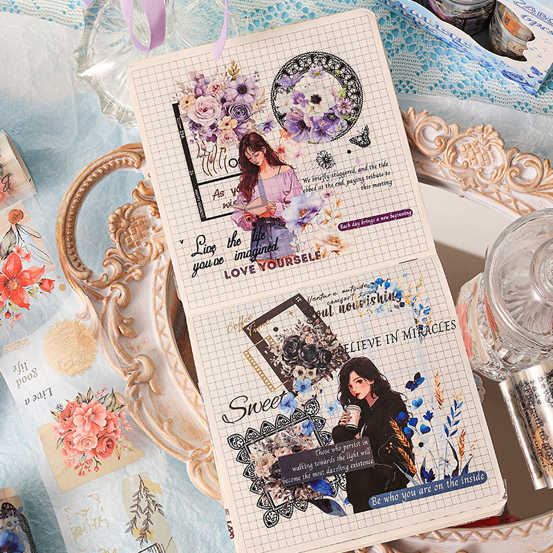 Flores nostálgicas, cinta adhesiva impermeable transparente, caja de bricolaje, pegatinas de diario de cuentas de mano, pegatinas de flores retro transfronterizas