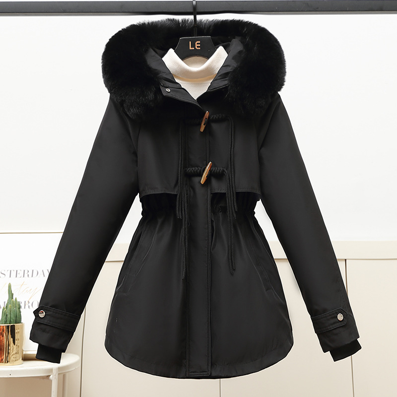 El comercio exterior superó el vello grueso plumón chaqueta de algodón para mujeres de estilo largo estilo coreano de otoño y invierno cintura con capuchón chaqueta de algodón