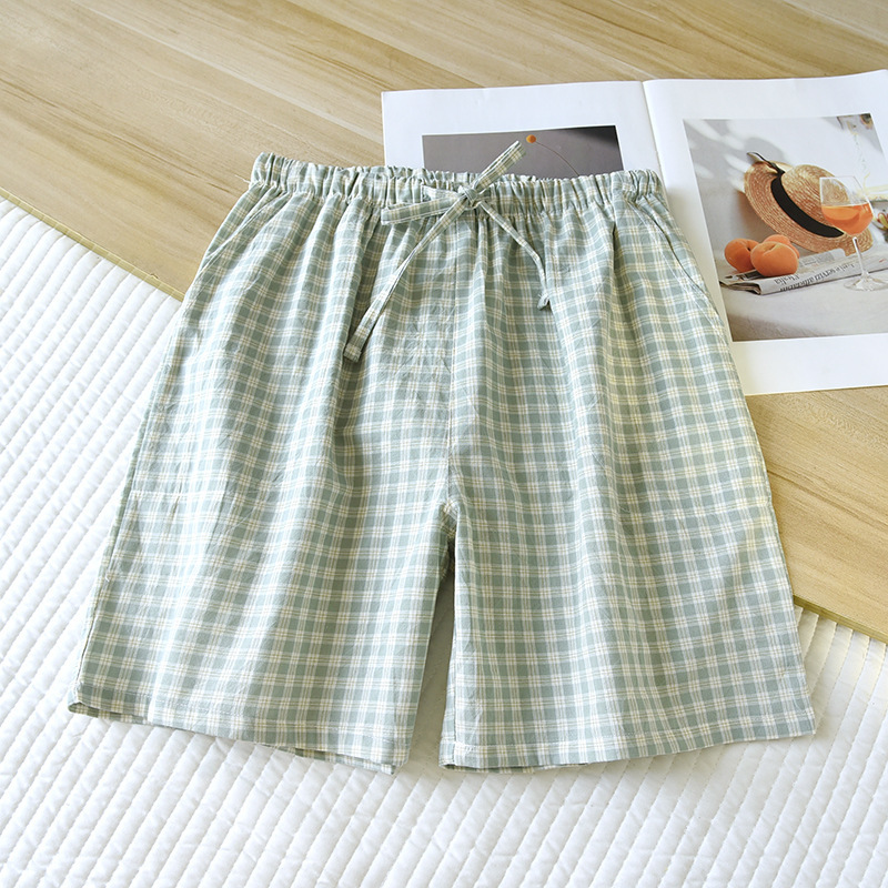 워시드 코튼 그린 체크 무늬 여성용 반바지 003