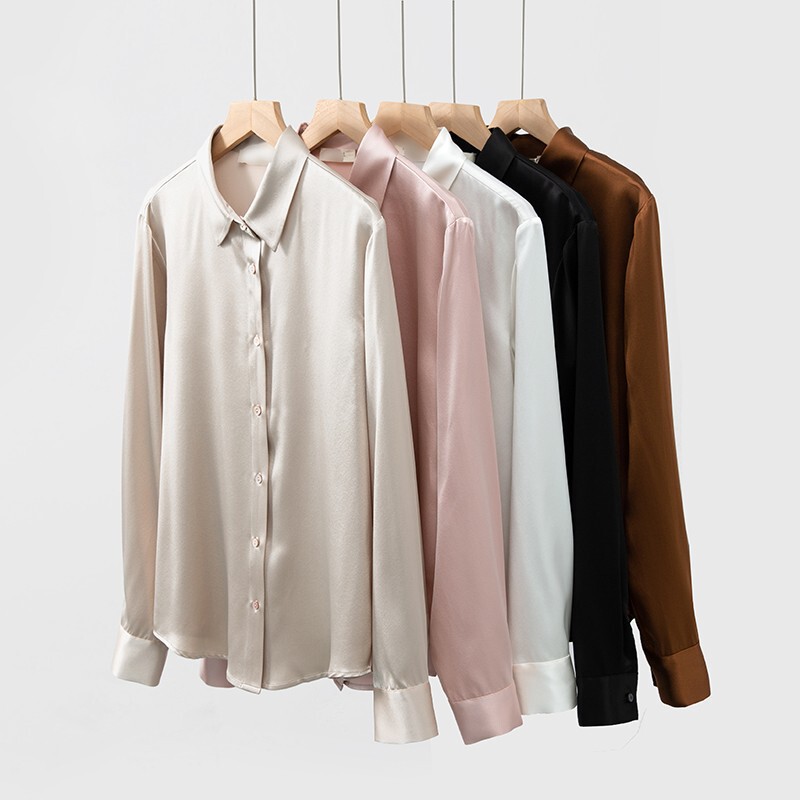Heavyweight 30mm Solid Color Satin Silk Long-Sleeve Shirt for Women, Small Square Collar, Elegant High-Quality 100% Mulberry Silk Blouse