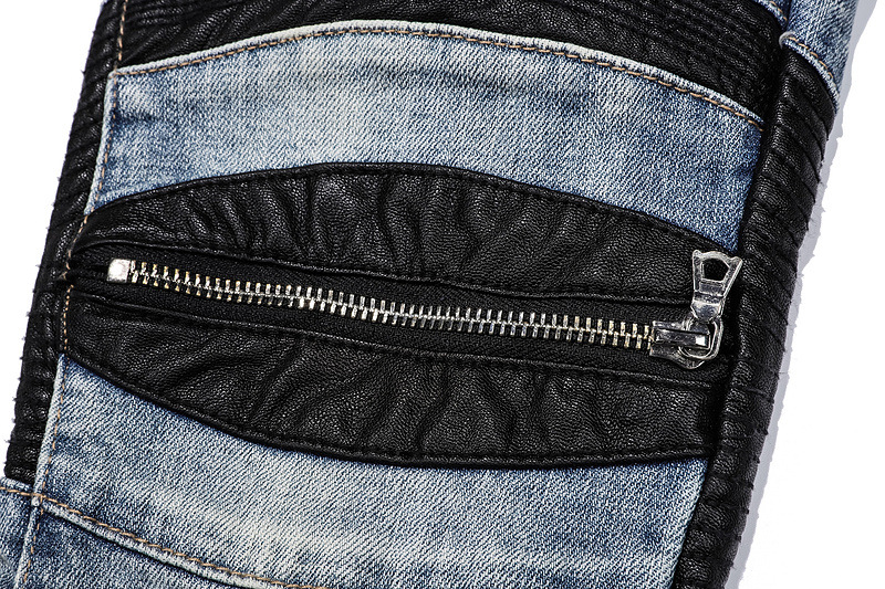 Men's Skinny Stretch Jeans With Leather Patch Motorcycle Style_voghion.com