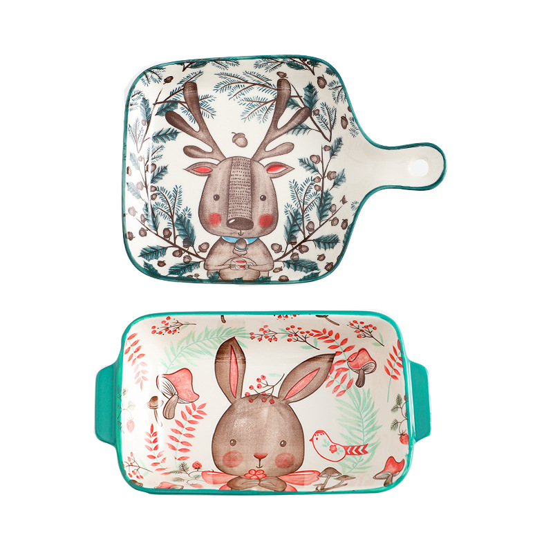 Placa de cerámica de dibujos animados lindo plato para hornear con mango restaurante hogar plato doble oreja placa de arroz al horno placa occidental al por mayor