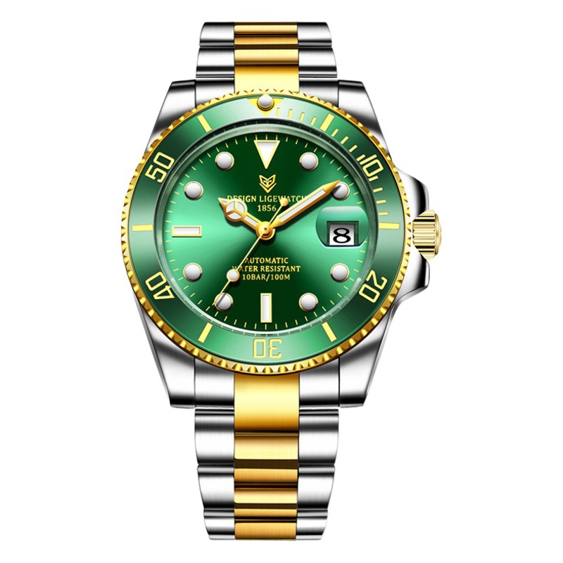 LIGE reloj de acero inoxidable para hombre reloj mecánico automático calendario agua fantasma reloj luminoso reloj de buceo 6801
