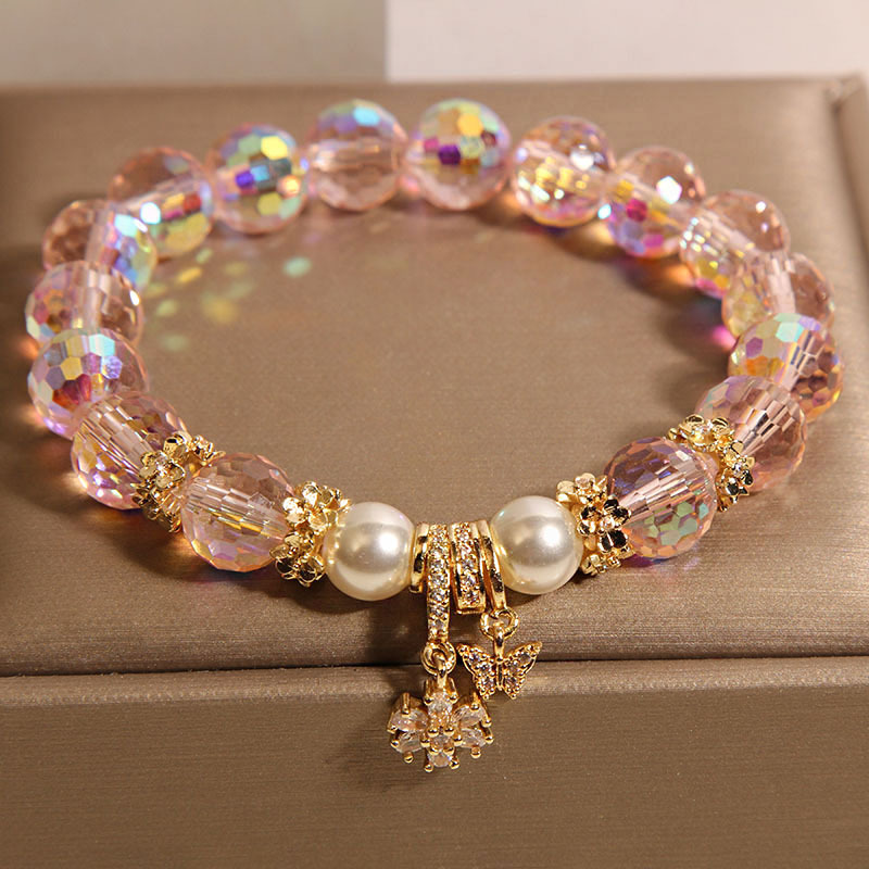 Pulsera de citrino austriaco, lujo ligero femenino, temperamento de nicho, flor de perla, colgante de mariposa, pulsera, regalo para novias