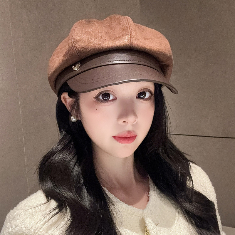 复古pu皮拼接八角帽子女显脸小贝雷画家帽春秋弯檐百搭鸭舌报童帽|undefined