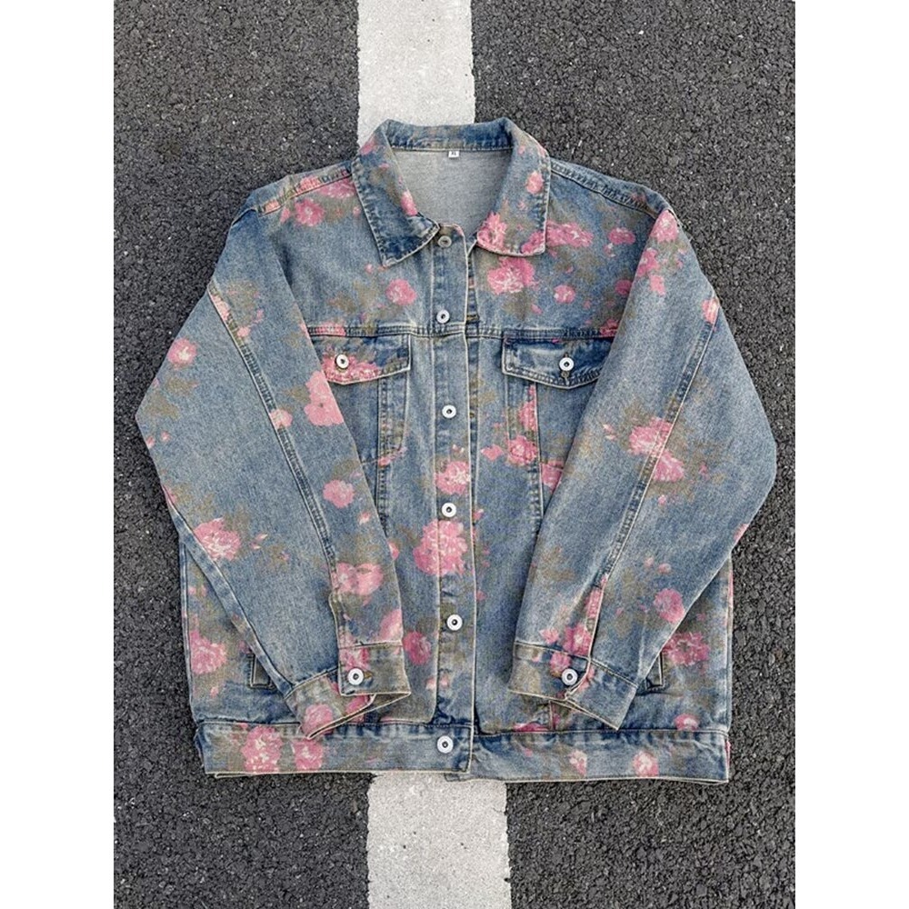 Men's Clothing Unisex Floral Print Denim Jacket Spring Autumn Trendy Designer Collared Workwear Jacket American High Street Style_mkmklike.com