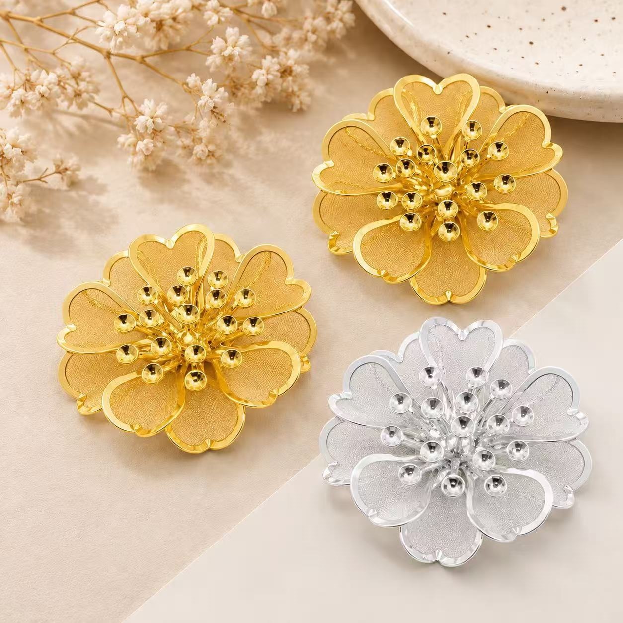 新款手工diy饰品配件铜网网片花四层花古风新娘胸花团扇装饰材料