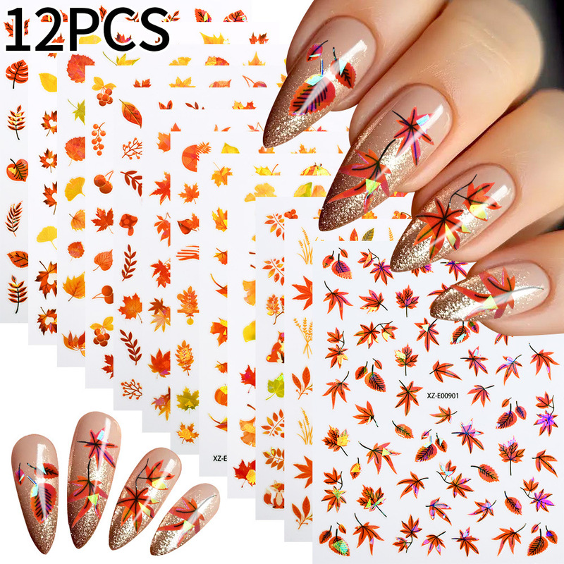 12 Pieces of Golden Autumn Maple Leaf Nail Stickers, Artistic Style, Warm Tones, Red and Yellow Fallen Leaves Nail Accessories, Nail Stickers