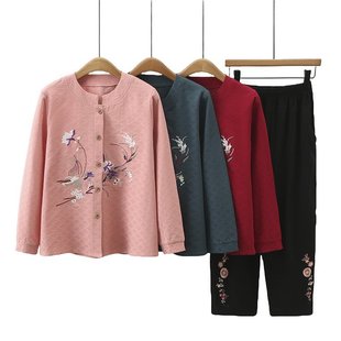 Mom's spring and summer cotton and linen suit embroidered long-sleeved shirt women's middle-aged and elderly women's ethnic style cotton and linen two-piece suit
