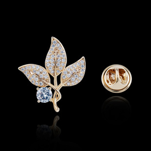 New small leaf men's brooch women's high-end sense micro-inlaid zircon corsage collar pin plated with real gold high-end anti-light buckle