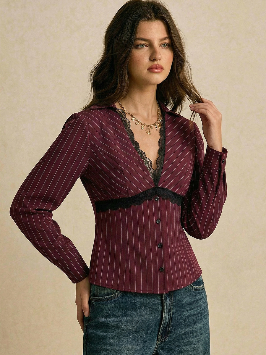 Women's Slim Fit Striped Long Sleeve Shirt Sexy Lace Top Casual Elegant Fashion Blouse For Autumn/Winter American Style_ecoleips.com