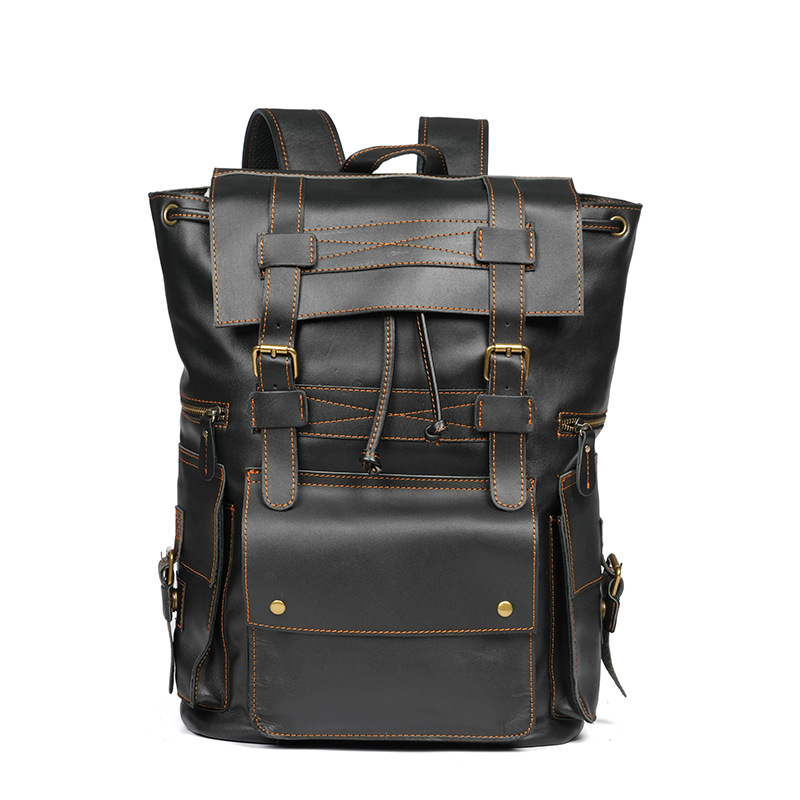 Men's Genuine Leather Backpack Large Capacity Cowhide Backpack Cross-Border Hiking Bag Travel Bag Popular Model 18inch Black Rucksack
