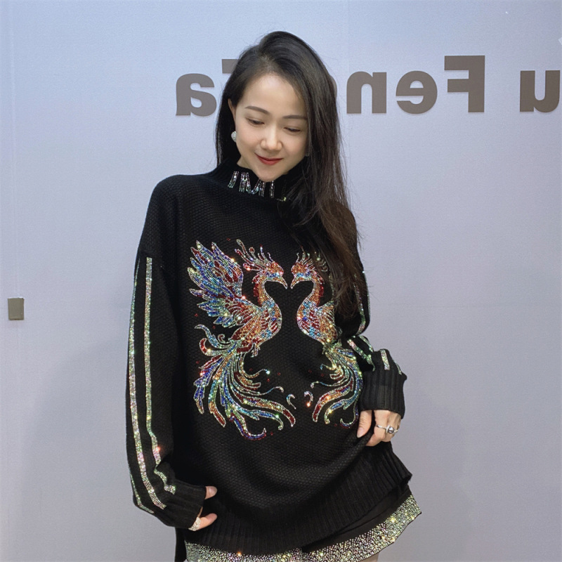 European Station Women's Half-High Collar Lazy Style Sweater Women's Long-Sleeved Fashionable Loose Hot Drilling Split plus size Sweater Trendy