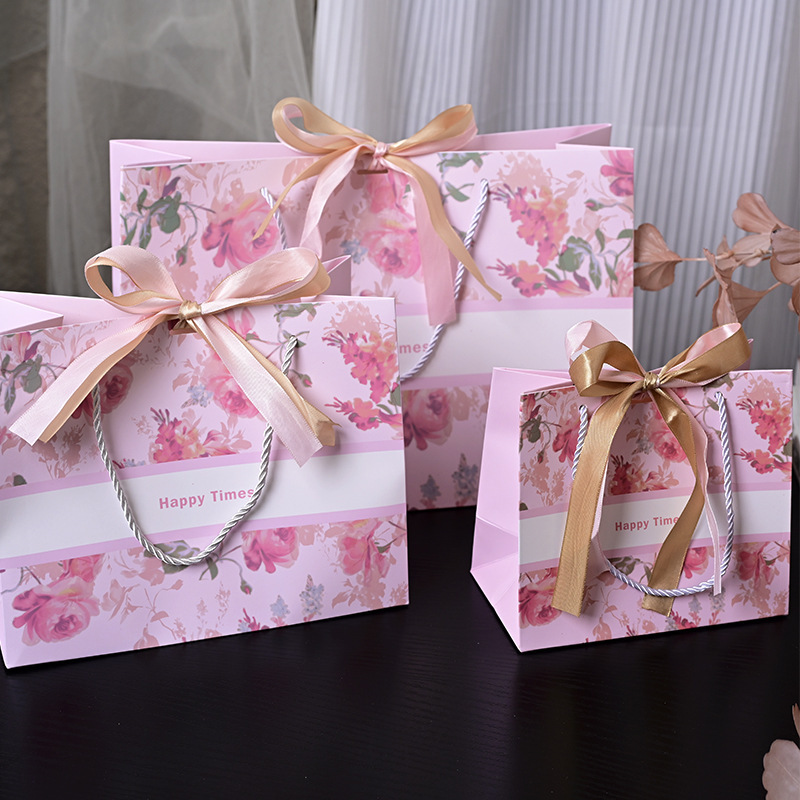 Floral Gift Bag, Pink Tote Bag, Packaging Bag, Teacher's Day Paper Bag, Cross-Border Ready Stock, Universal Ribbon Bag