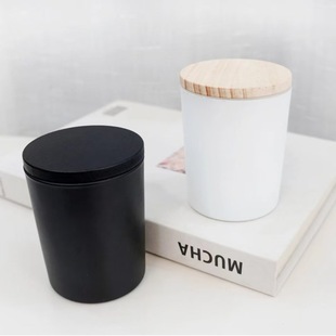Cross-border in stock Direct Supply 508 Glass Candle Cup 7084 Frosted Cup Bamboo Lid Soybean Candle Cup Black Aromatherapy Cup