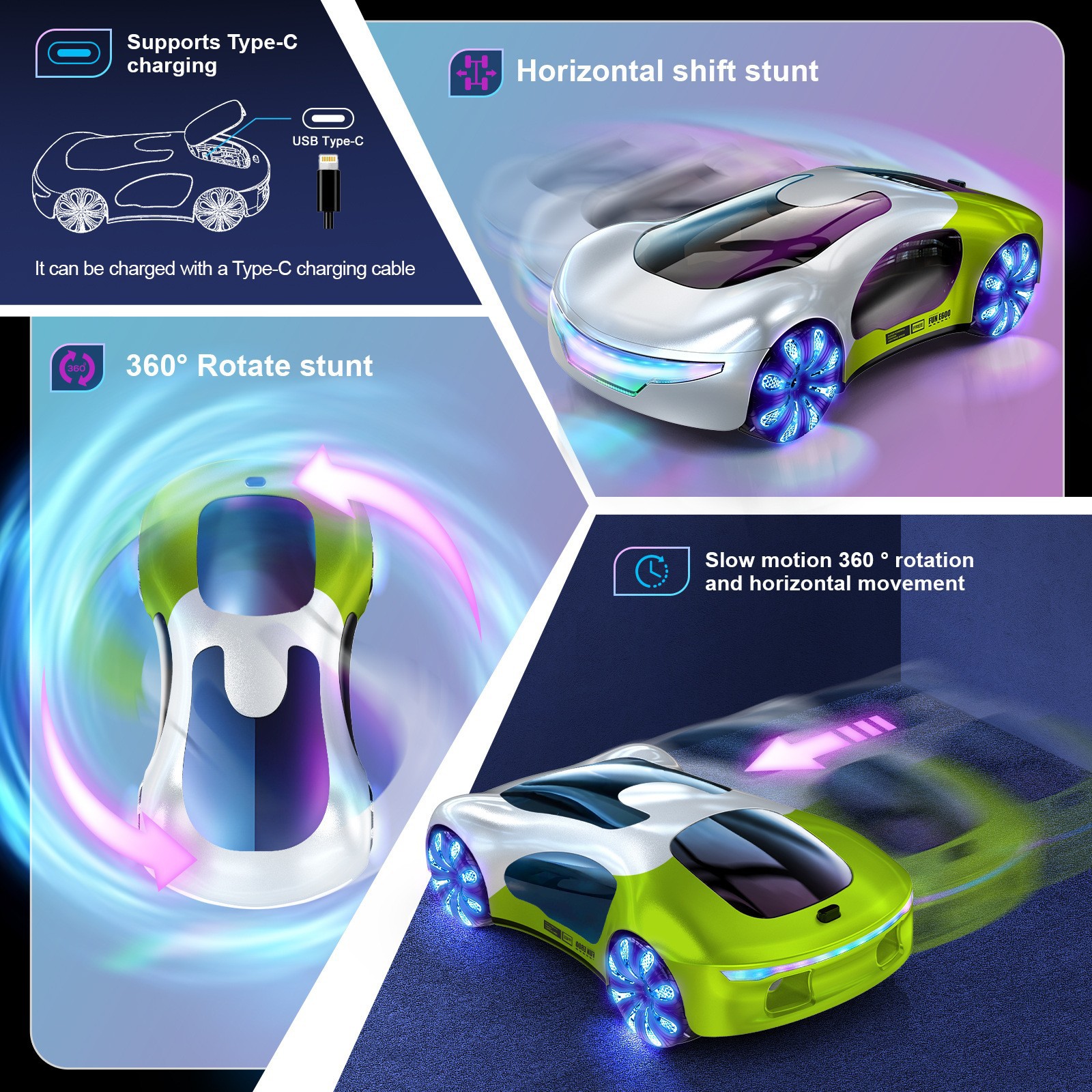Transfronterizo 2.4G coche concepto de control remoto inducción de gestos doble spray truco concepto de coche de control remoto música de ciencia ficción coche de juguete