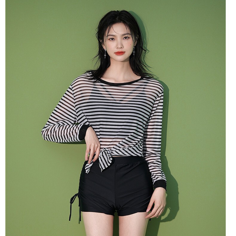 Split Three-Piece Swimsuit Women's Long-Sleeved Sunscreen Blouse Boxer Slimming Striped Conservative Hot Spring Swimmer