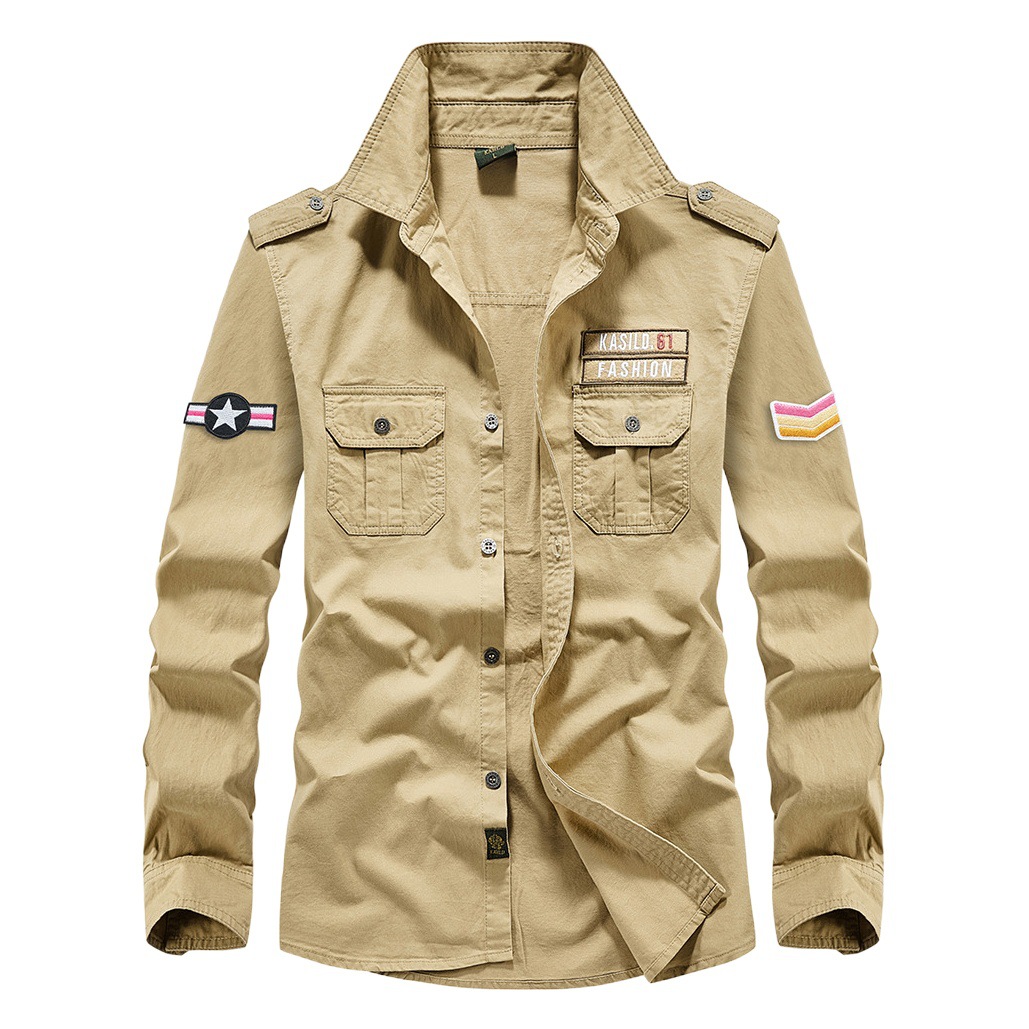 Amazon Camisa de manga larga de algodón para hombre suelta talla grande Primavera y otoño Ropa de trabajo del ejército Camisa casual Camisa estilo militar