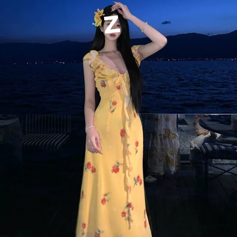 度假风瑰花边吊带碎花连衣裙女夏季新款高级感设计小众法式裙子潮|undefined