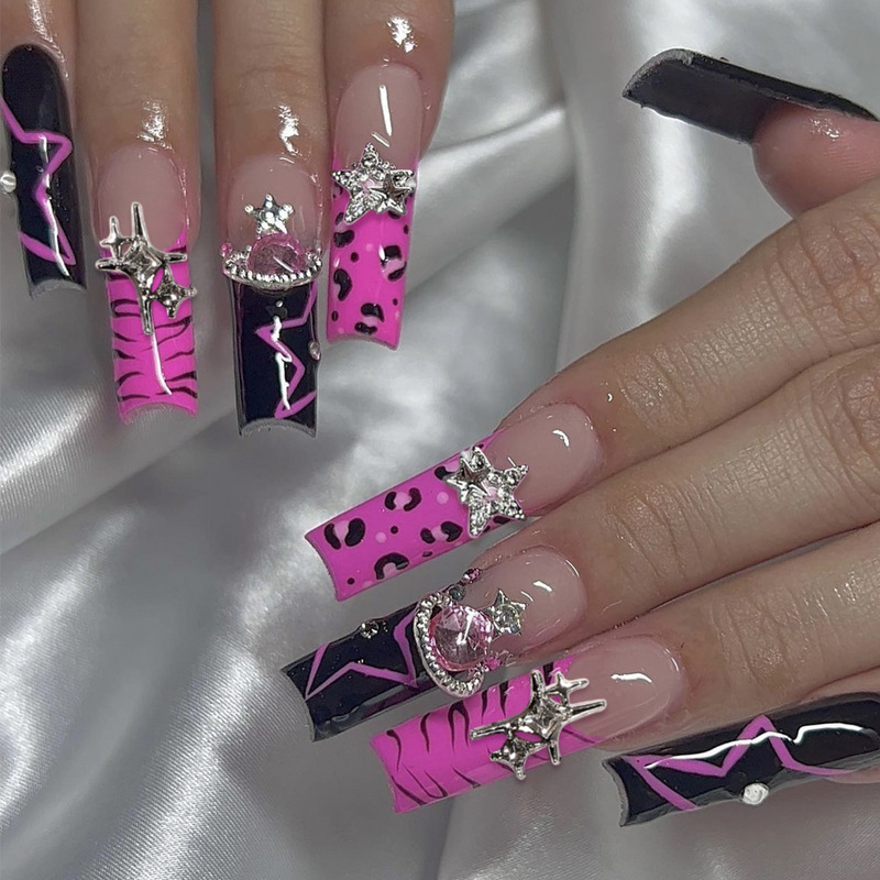 European and American Wearing Armor Y2K Long Coffin French Leopard Zebra Planet Five-pointed Star Decoration Fake Nails European and American Wearing Armor Y2K Long Coffin French Leopard Zebra Planet Five-pointed Star Decoration Fake Nails