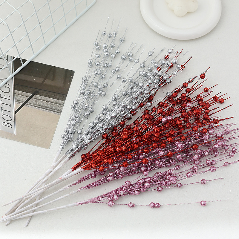 圣诞节装饰品12叉金粉球圣诞树花环藤条金粉亮片仿真浆果把束批发