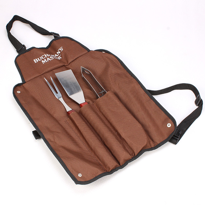 Parrilla de barbacoa de acero inoxidable 3-pieza tenedor pala clip mango de madera suministros de barbacoa bolsa de tela delantal combinación parrilla traje