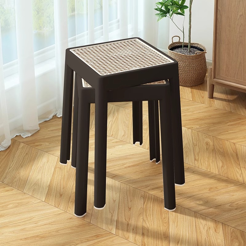 Dining Table and Chair Home Casual Advanced Sense Thickened Rattan Plastic Stool Stacked Stool for Commercial Restaurant