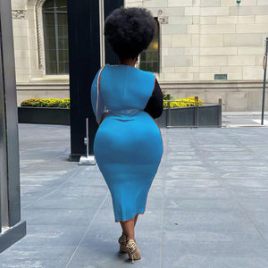 product - wholesale Plus Size Women Clothing Spring Stitching Contrast Color Tight Dress - 8