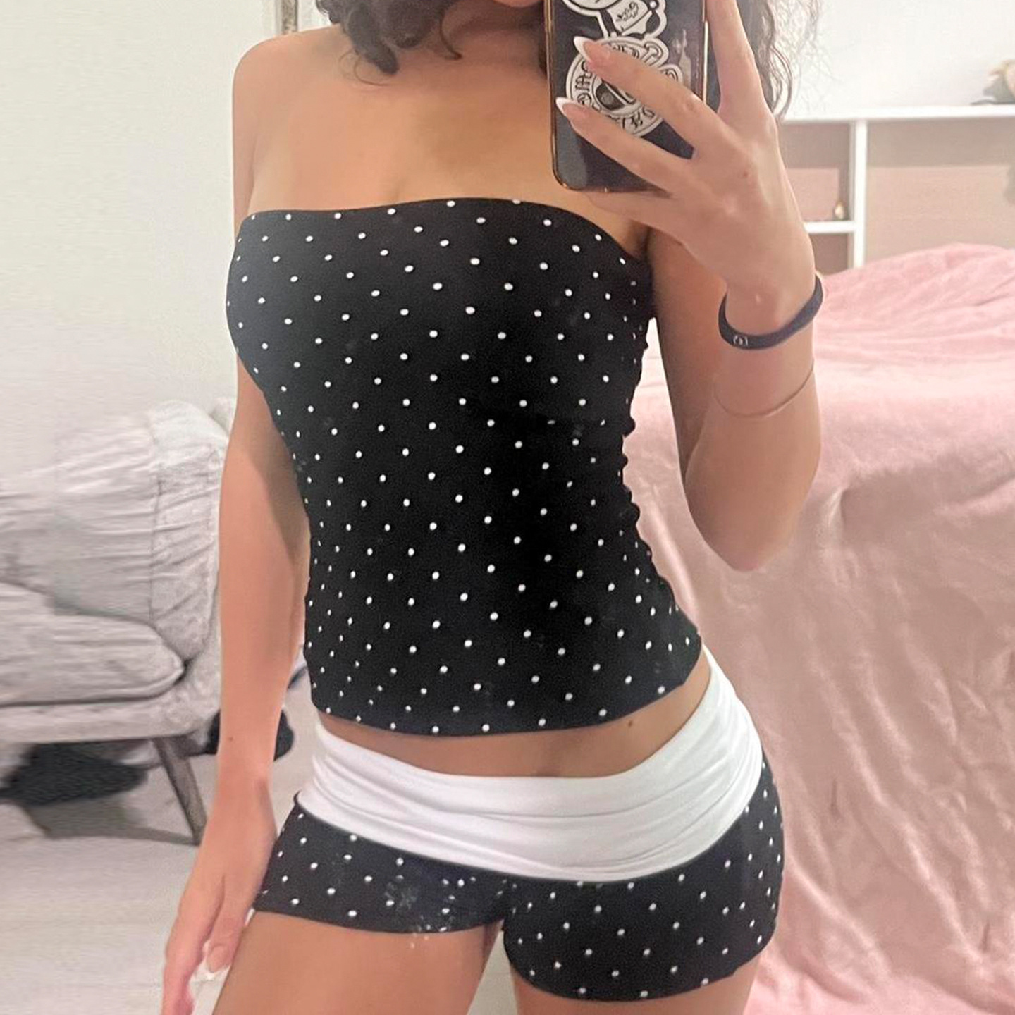 American Street Style Polka Dot Print Stitching Contrasting Color Chest-Wrapped Shorts Two-Piece Hot Girl Slimming Casual Sports Suit