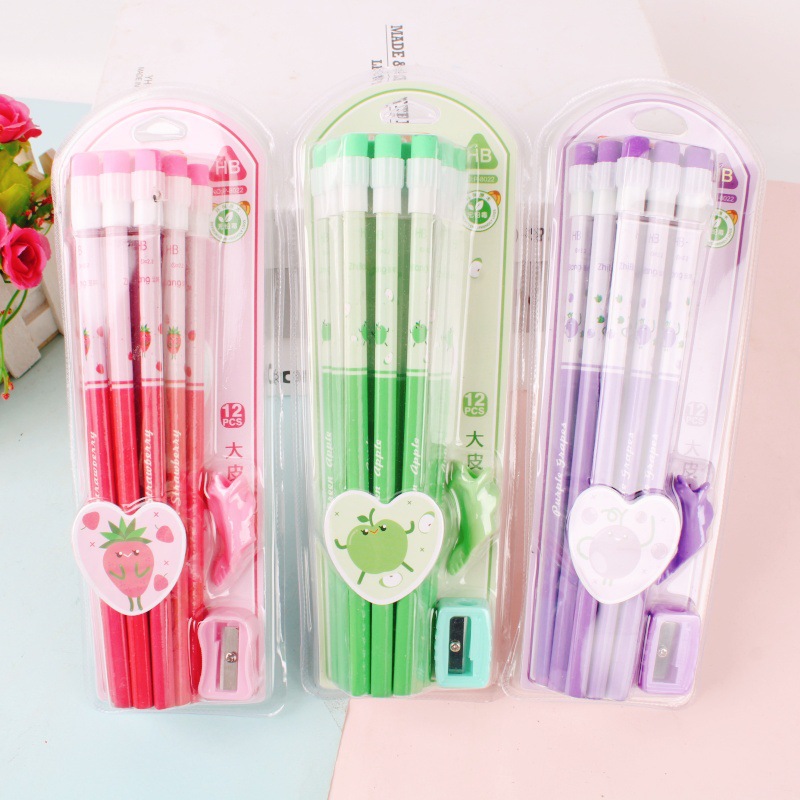 Lindo conjunto de lápices para estudiantes de primaria con triángulo de goma para niños HB Tarjeta de succión Lápiz kindergarten Cartoon School gift