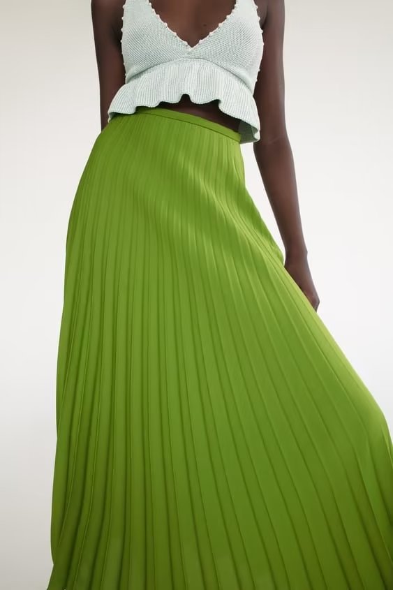 solid color side zipper high waist pleated midi skirt NSAM136082