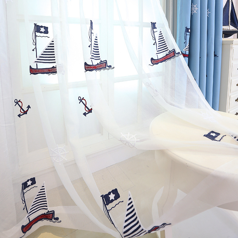 Factory wholesale children's room navy sailing boat blue bedroom cotton and linen embroidered curtain gauze curtain shading