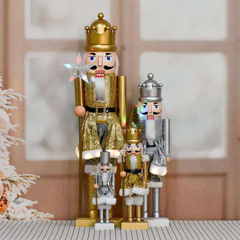 Inventario 30, 40, 60, 80cm de plástico cascanueces soldados decoraciones oro y plata copo de nieve bandas de lámparas de música