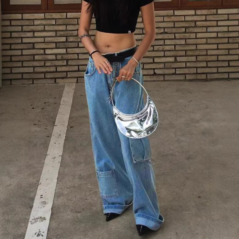 Fr870525 Traceable European and American Wish Cross-Border Ebay Amazon Women's Loose-Fitting Denim Pants with Large Pockets Fr870525 Traceable European and American Wish Cross-Border Ebay Amazon Women's Loose-Fitting Denim Pants with Large Pockets